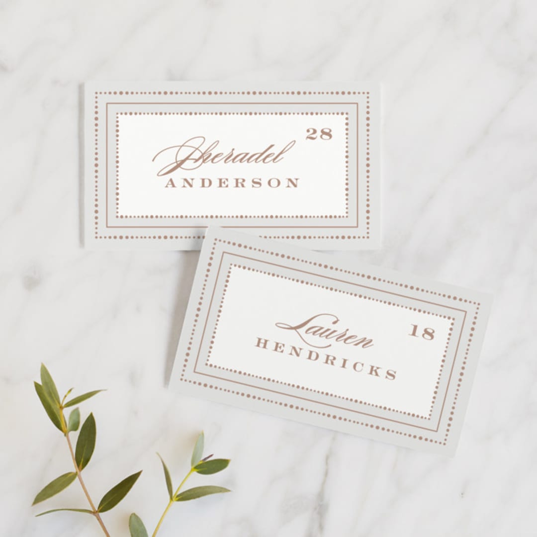 "Simply Grand" - Place Cards in Dove by Hooray Creative - Front with Free Guest Printing
