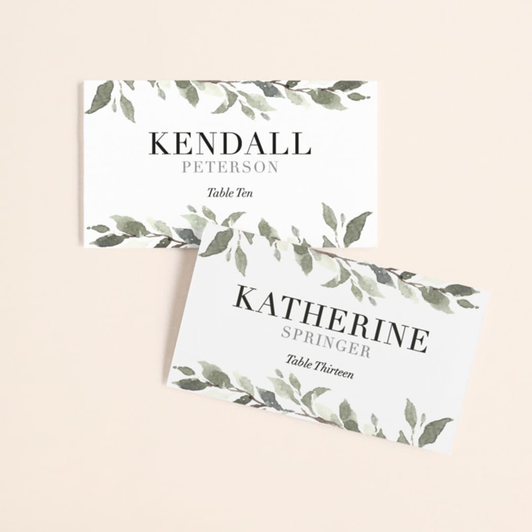 "Watercolor Wreath" - Place Cards in Linen by Katrina Crouch - Front with Free Guest Printing