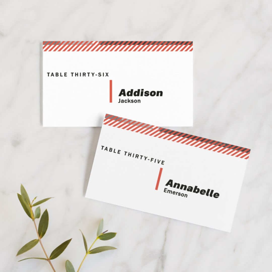 "Alexis" - Place Cards in Coral by Calee A.H. Cecconi - Front with Free Guest Printing