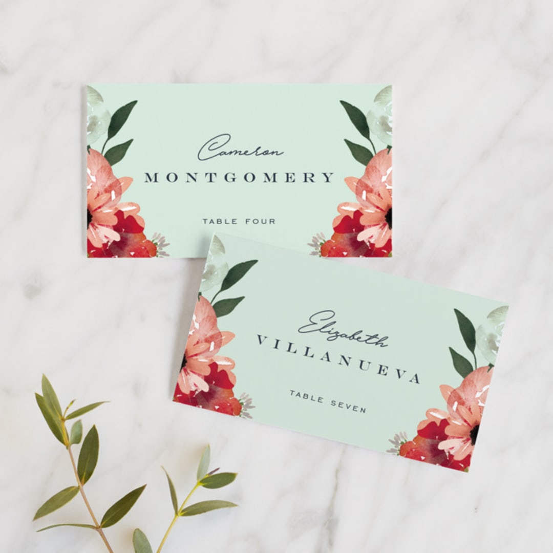 "Cascading Florals" - Place Cards in Rouge by Leah Bisch - Front with Free Guest Printing