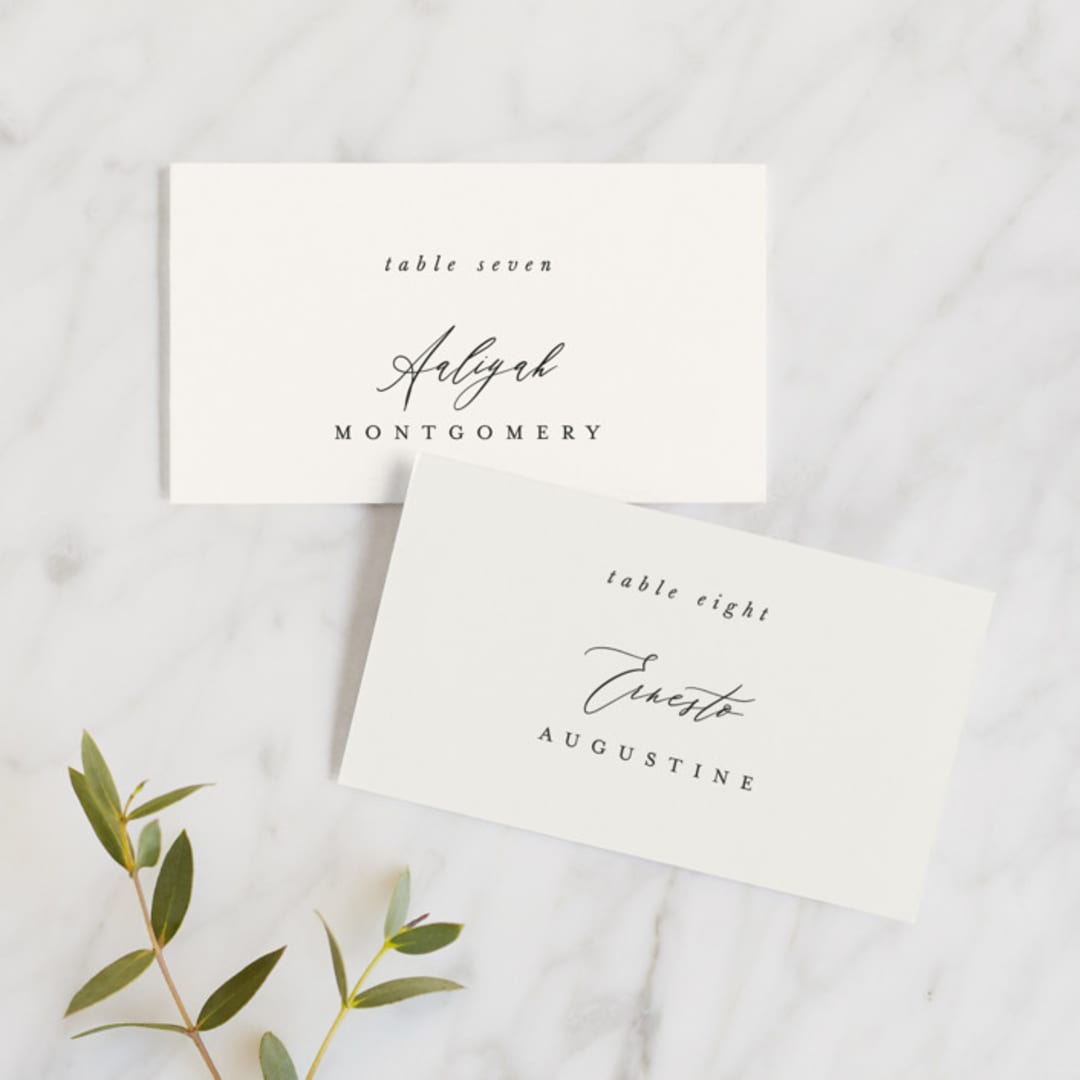 "Timeless" - Place Cards in Taupe by Leah Bisch - Front with Free Guest Printing