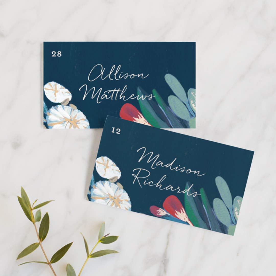 "Floral Burst" - Place Cards in Ocean by Morgan Ramberg - Front with Free Guest Printing