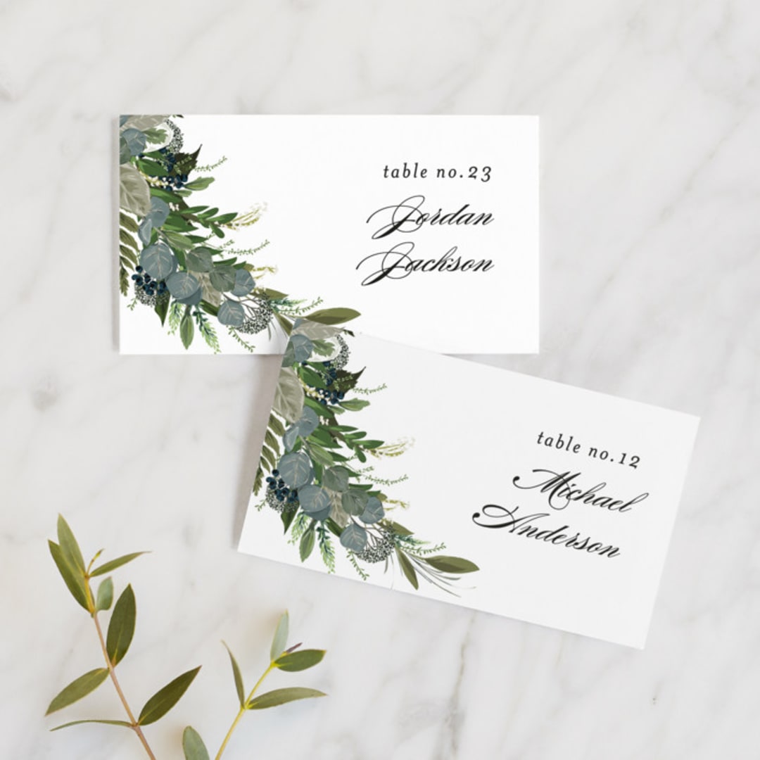 "Side Swept" - Place Cards in Navy by Susan Moyal - Front with Free Guest Printing