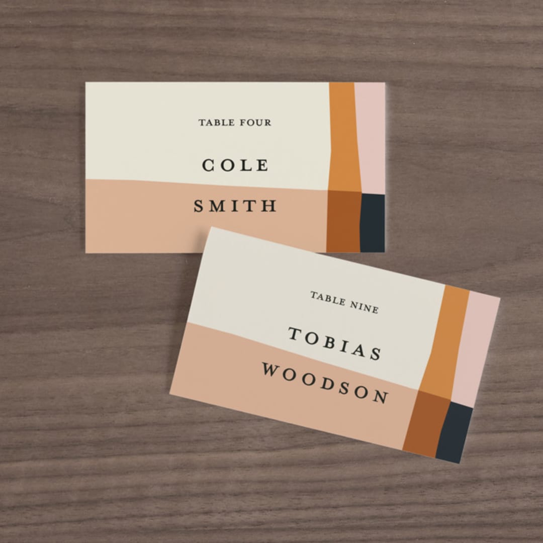 "Color Block" - Place Cards in Peach by Morgan Kendall - Front with Free Guest Printing