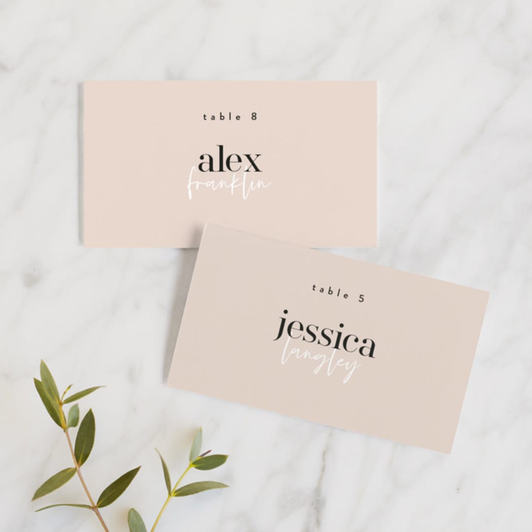 "Loved" - Place Cards in Champagne by Angela Garrick - Front with Free Guest Printing