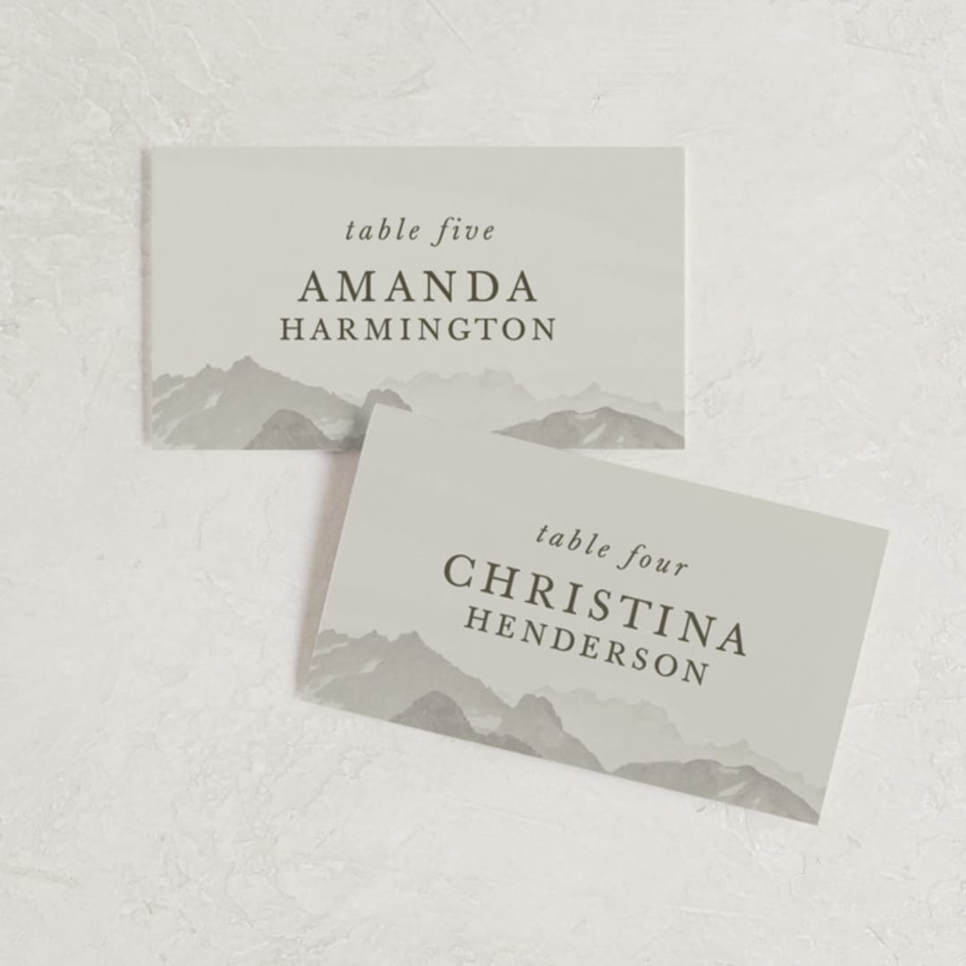 "Modern Mountain" - Place Cards in Fog by Stephanie Biller - Front with Free Guest Printing