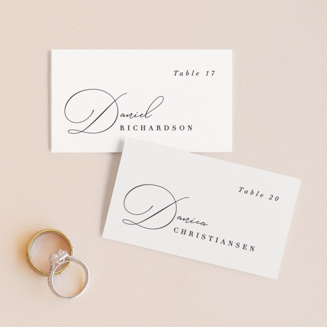 "Flowing Initials" - Place Cards in Ivory by Hooray Creative - Front with Free Guest Printing