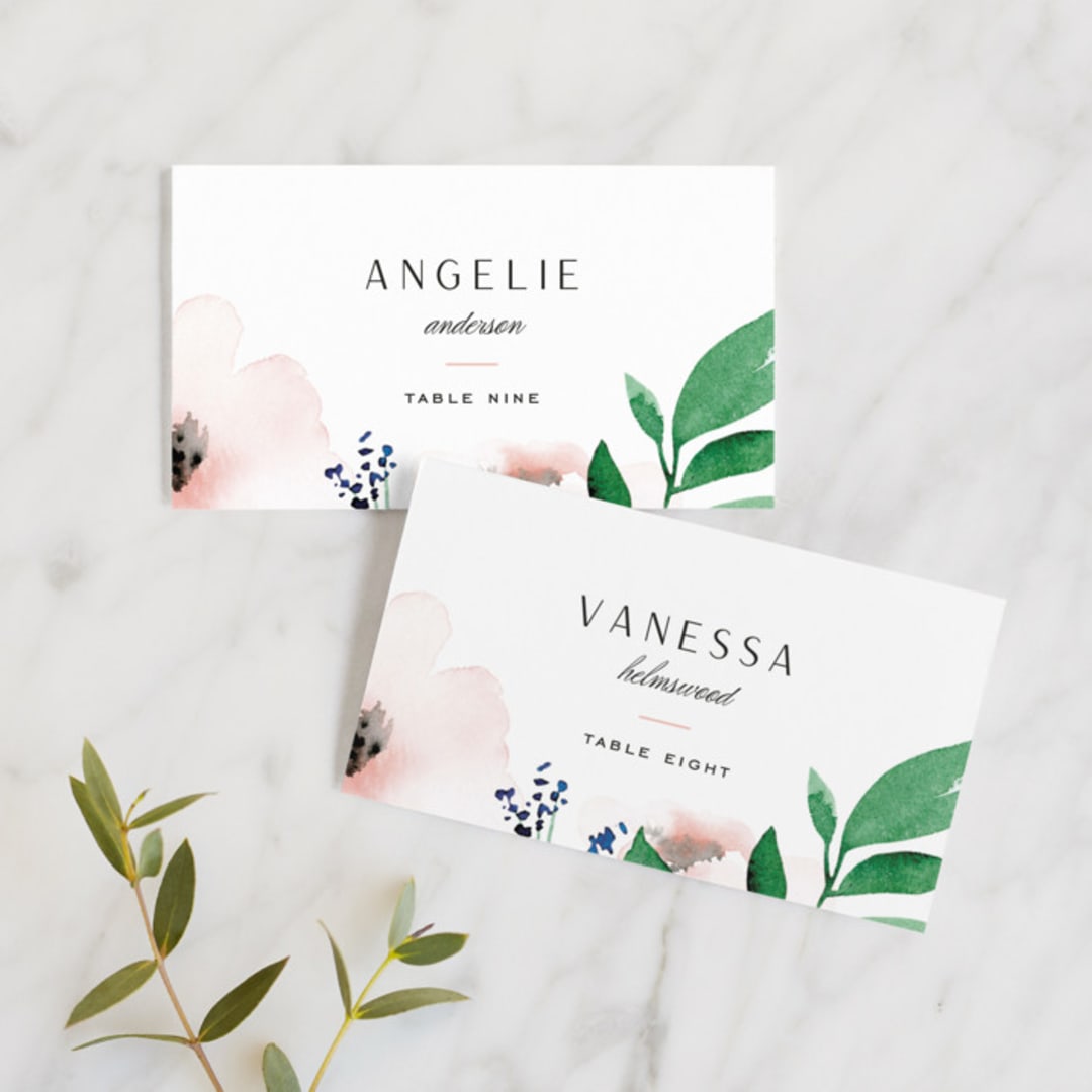 "Soft Florals" - Place Cards in Coral Wash by Leah Bisch - Front with Free Guest Printing