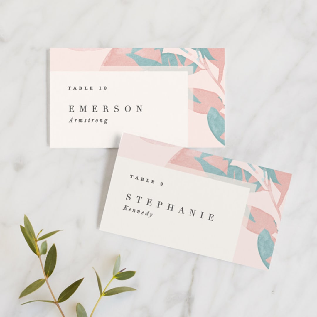 "Boho botanics" - Place Cards in Coral by Creo Study - Front with Free Guest Printing