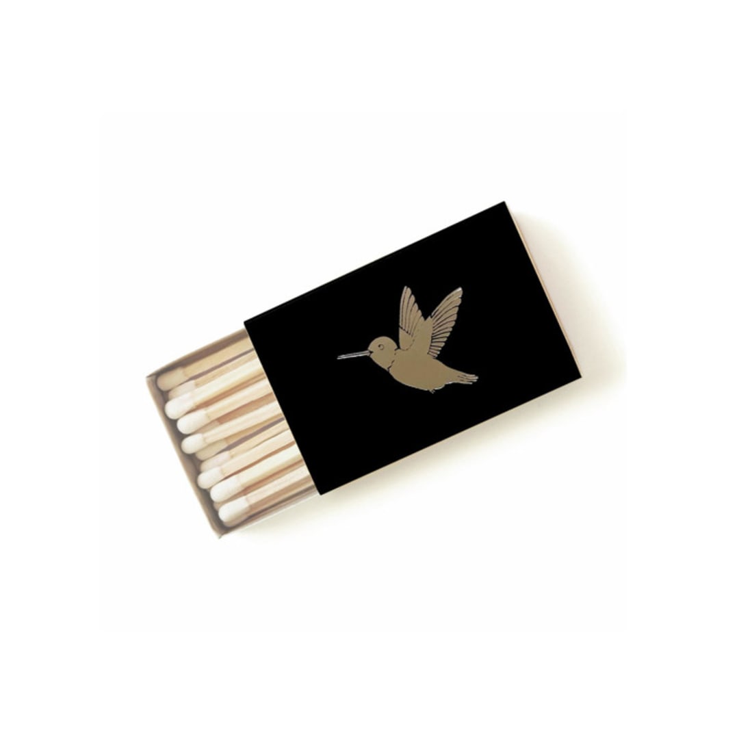 "Hummingbird Matchbox, Silver on Black" - Party Matches and Matchbooks in black by Jessica Cunningham