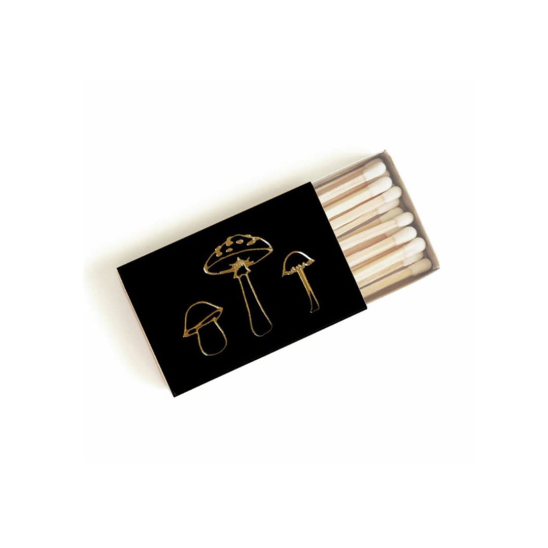 "Mushroom Trio Matchbox, Gold on Black" - Party Matches and Matchbooks in black by Jessica Cunningham