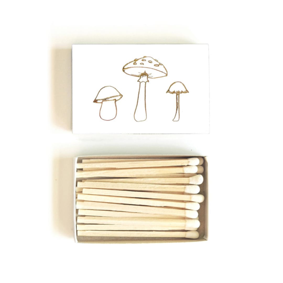 "Mushroom Trio Matchbox, Gold on White" - Party Matches and Matchbooks in white by Jessica Cunningham