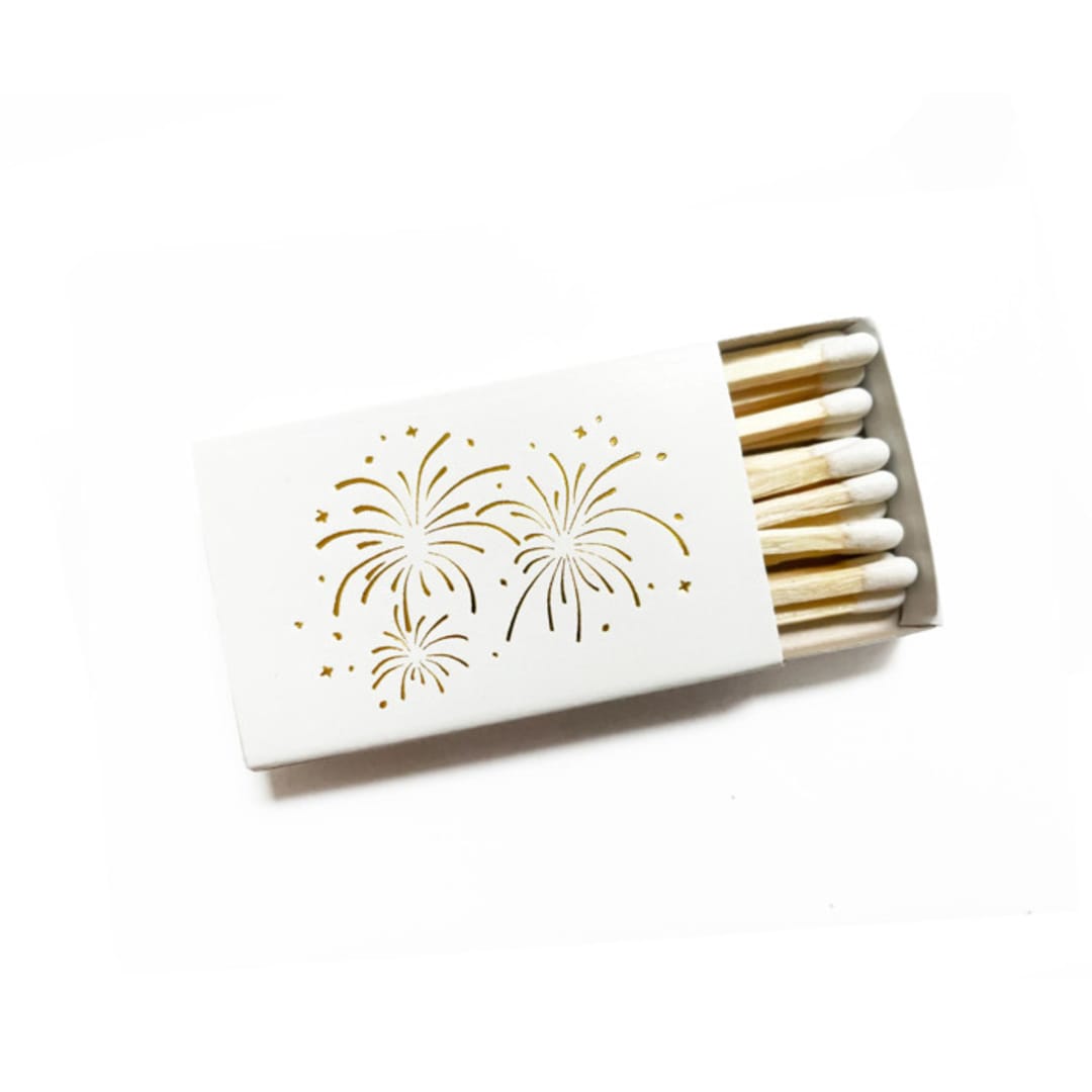 "Fireworks Matchbox, Gold on White" - Party Matches and Matchbooks in gold by Jessica Cunningham
