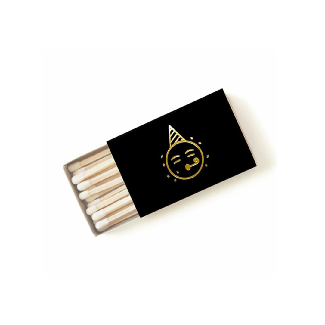 "Party Emoji Matchbox, Gold on Black" - Party Matches and Matchbooks in gold by Jessica Cunningham