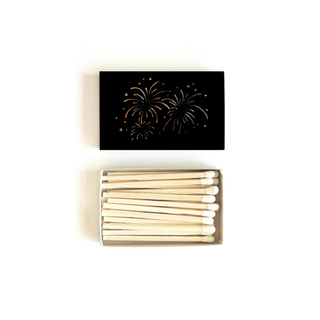 "Fireworks Matchbox, Gold on Black" - Party Matches and Matchbooks in black by Jessica Cunningham