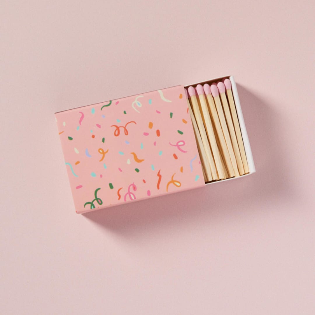 "Confetti Ribbons Matchbox with Colorful Matchsticks" - Party Matches and Matchbooks in pink by Summer Hedglin
