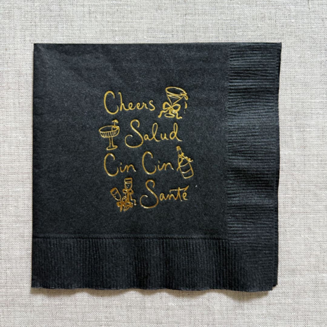 "Cheers, salud, cin cin, santé cocktail napkins - Black Napkins (Set of 20)" - Party Napkins in black by Maria Ferrer G.