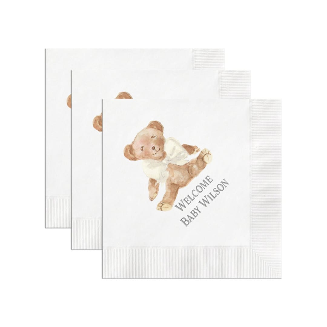 Teddy Bear with Ivory Bow Personalized Gender Neutral Baby Shower Napkin