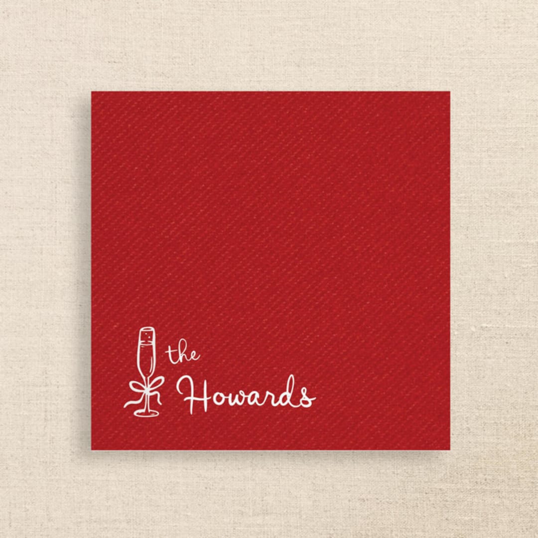 "Red Linen-Like Napkin with Personalized Family Name & Champagne Glass Icon" - Party Napkins in red by Papel Custom Design
