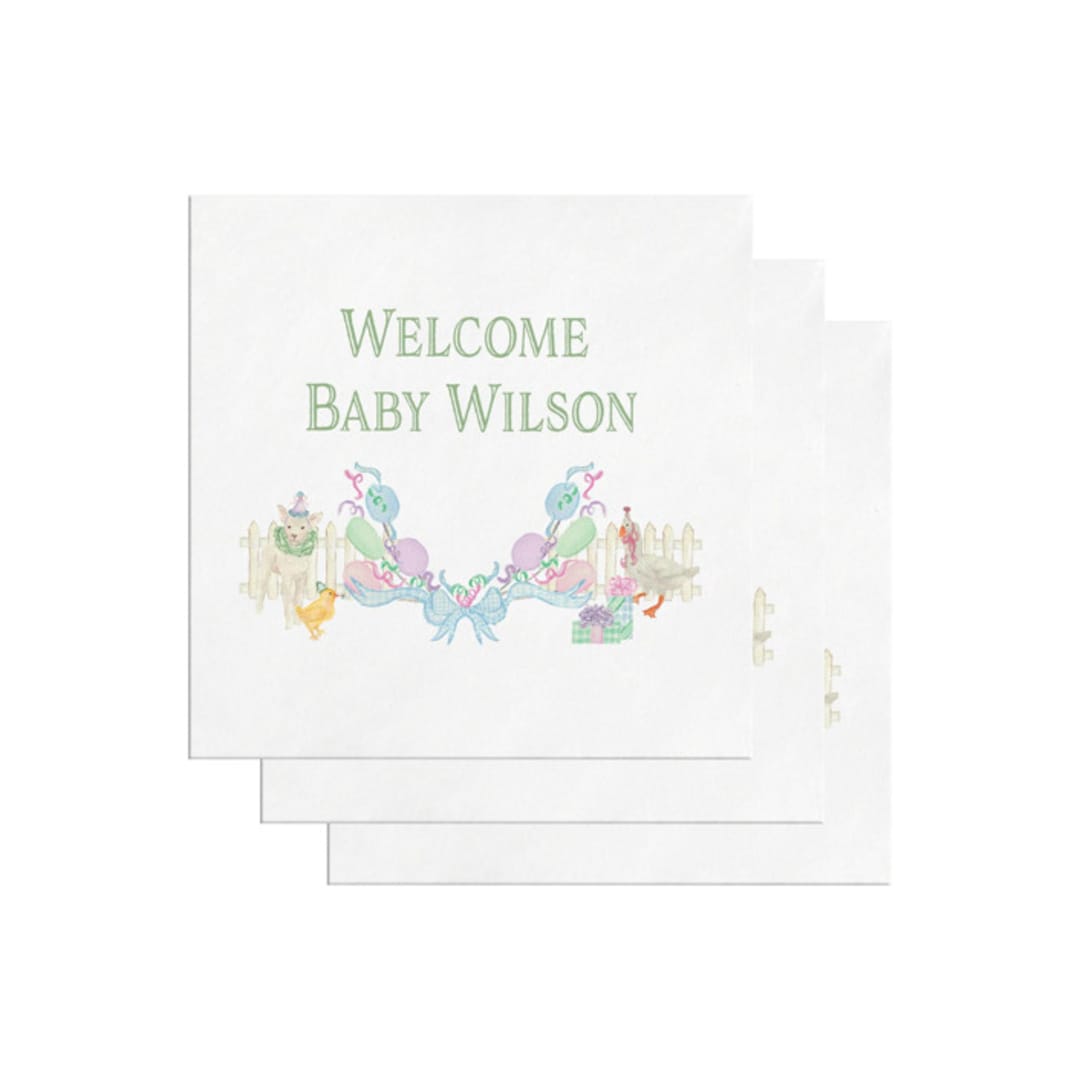 "Little Lamb and Goose Personalized Watercolor Baby Shower Napkins" - Party Napkins in white by Papel Custom Design