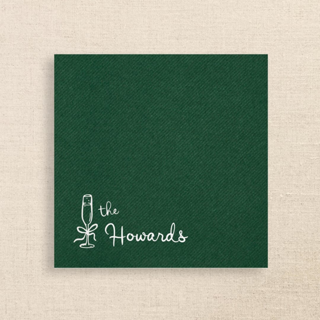 "Elegant Green Linen-Like Napkin with Personalized Family Name & Champagne Glass Icon" - Party Napkins in green by Papel Custom Design