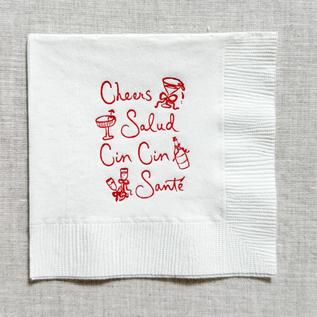 "Cheers, salud, cin cin, santé cocktail napkins - White Napkins (Set of 20)" - Party Napkins in white by Maria Ferrer G.