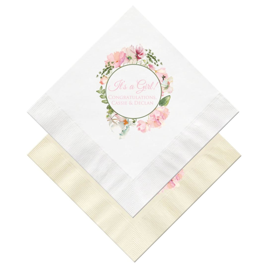 "Pink Floral Personalized Baby Shower Napkins" - Party Napkins in white by Papel Custom Design