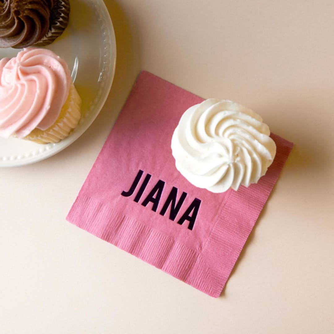 "Bold Block Name Napkin, cocktail size, set of 50" - Party Napkins in pink by ForYourParty