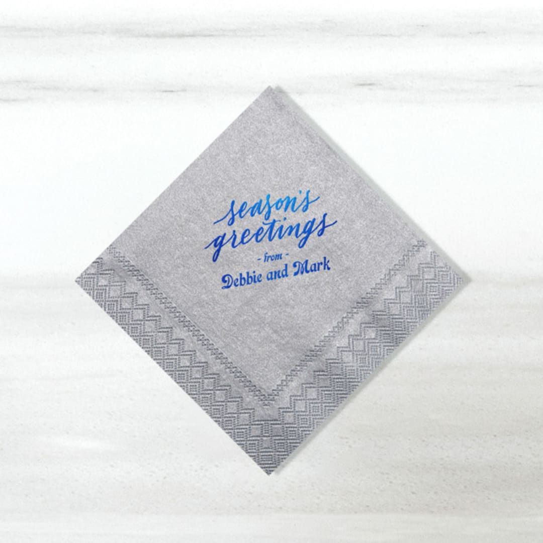 "Custom Season's Greetings Retro Names Napkin, cocktail size, set of 100" - Party Napkins in silver by ForYourParty