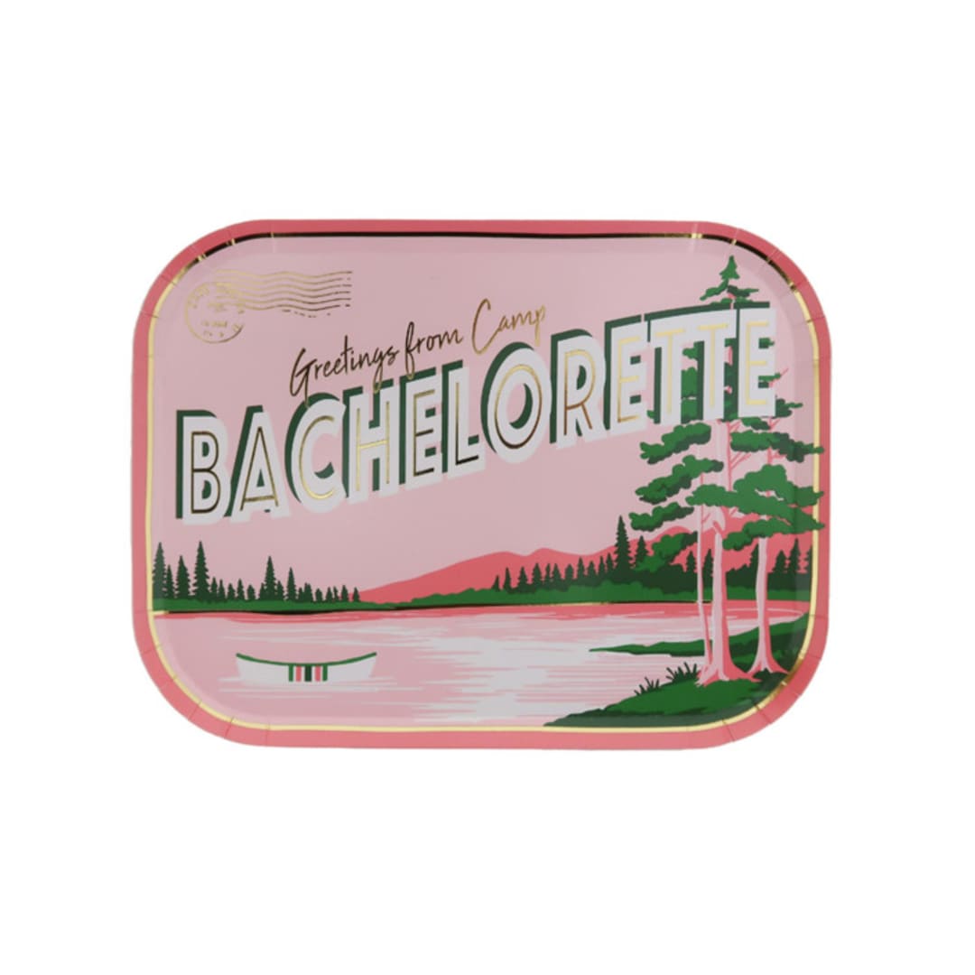 "Camp Bachelorette Postcard Dinner Plates - Set of 8" - Party Plates and Bowls in pink by Jollity and Co