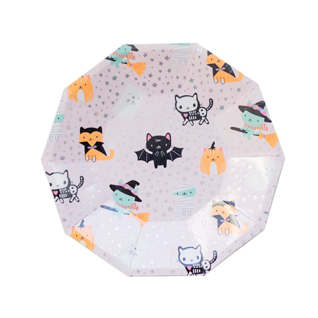"Meowloween Small Plates - Set of 8" - Party Plates and Bowls in purple by Jollity and Co