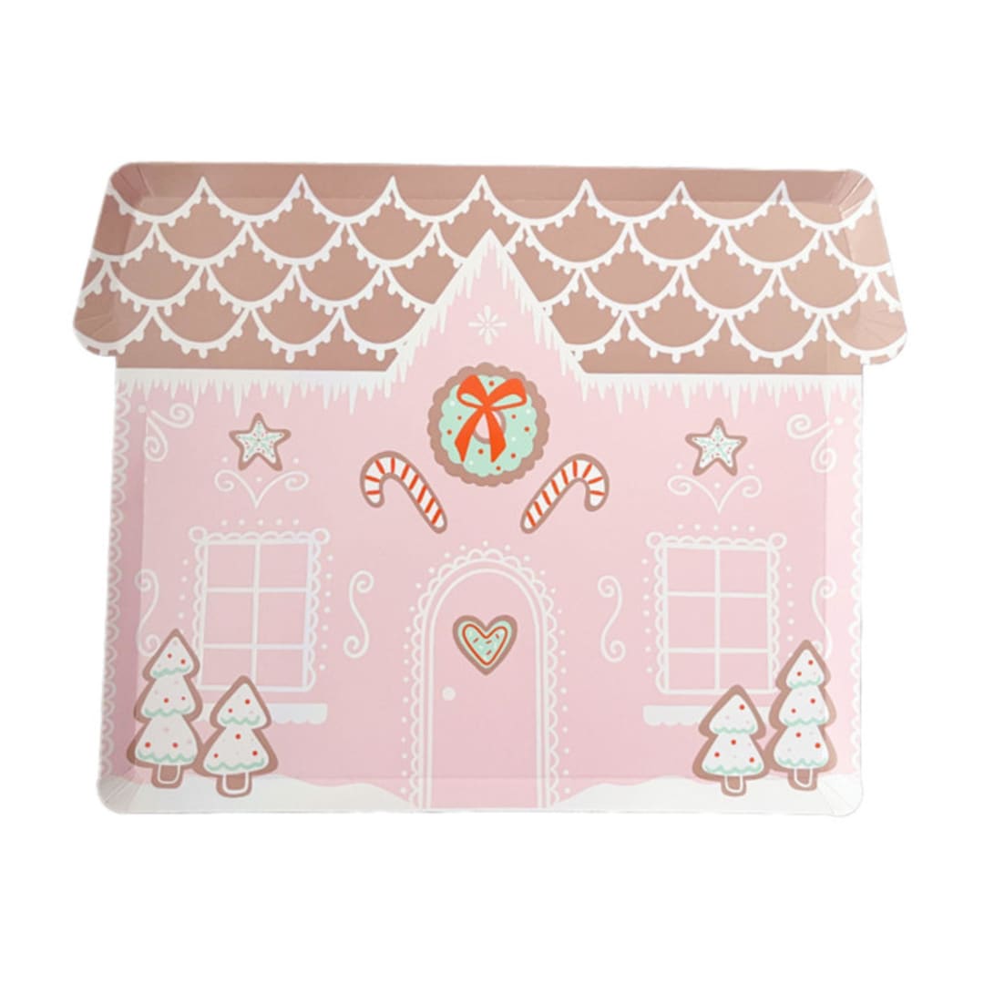"Baking Spirits Bright Pink Gingerbread House Large Plates - Set of 8" - Party Plates and Bowls in pink by Jollity and Co