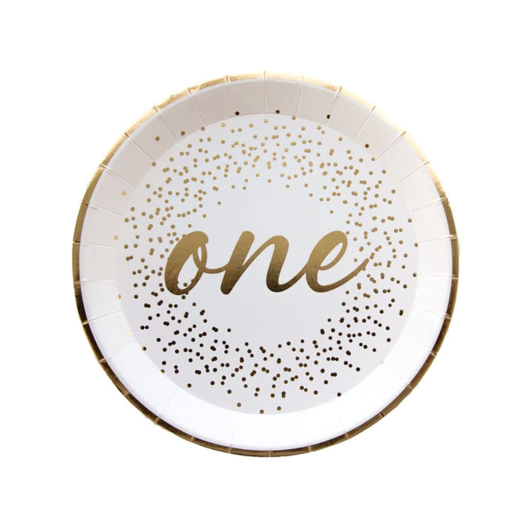"Gold Onederland Dessert Plates - Pack of 8" - Party Plates and Bowls in white by Jollity and Co
