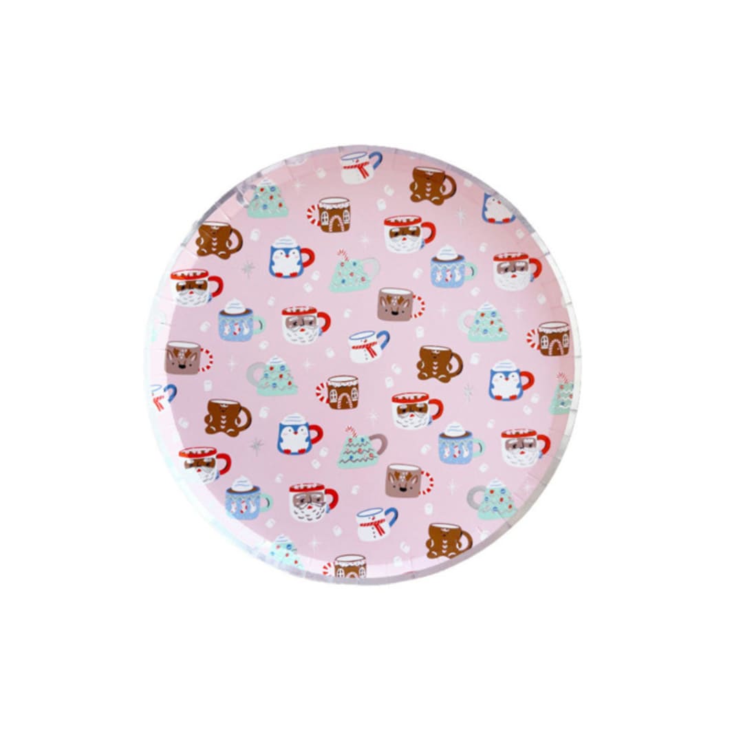 "Baking Spirits Bright Christmas Mugs Small Plates - Set of 8" - Party Plates and Bowls in pink by Jollity and Co