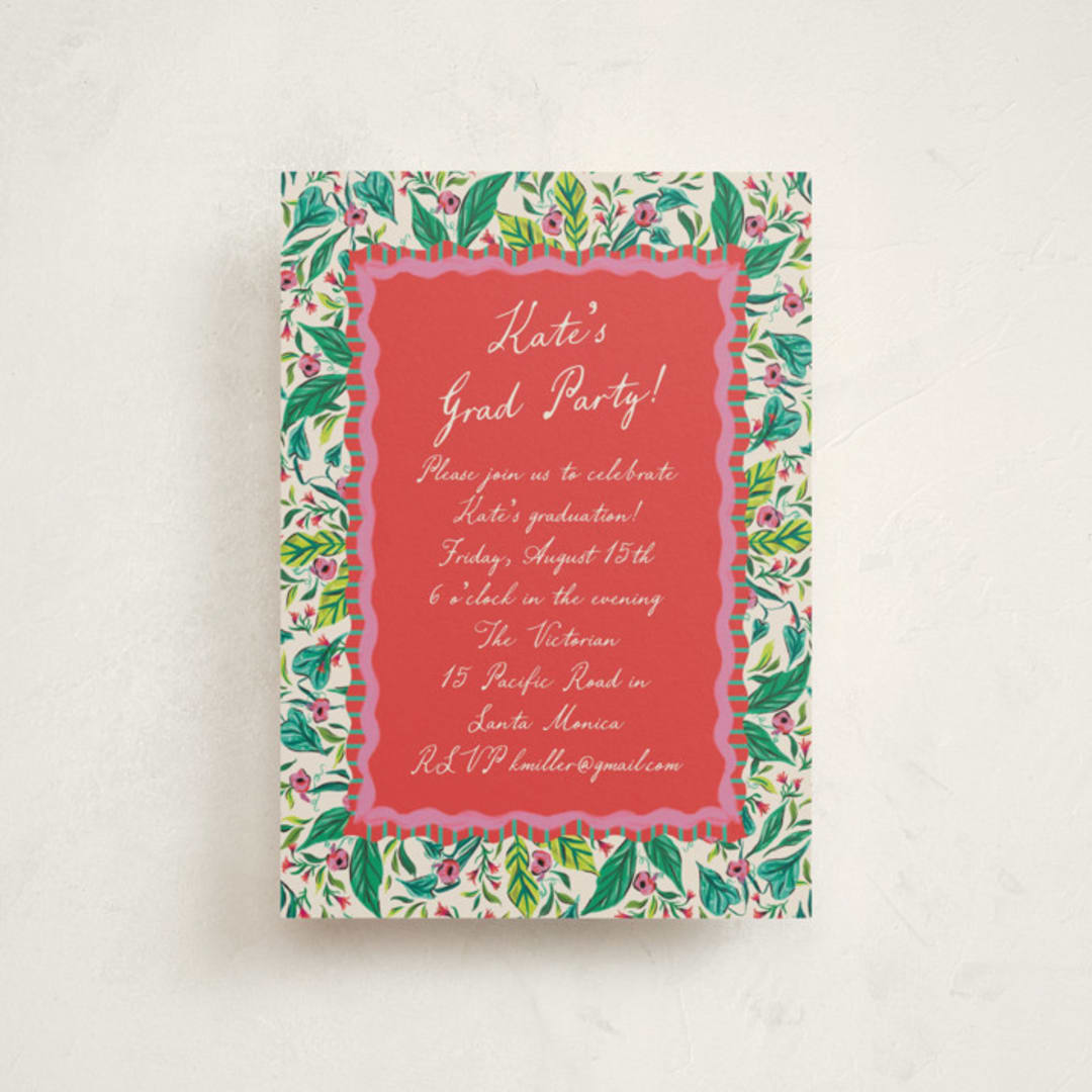 "Whimsical Hand Illustrated Crest" - Graduation Party Invitations in Peony by Jackie Crawford - Front