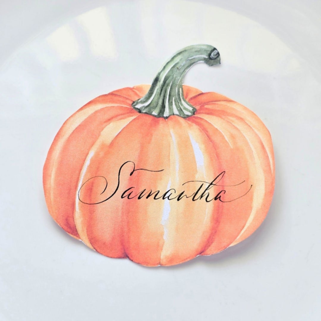 "Watercolor Pumpkin- Personalized Hand-Calligraphed Watercolor Die-Cut Place Cards- Set of 10" - Party Place Cards in orange by Inkspiringletters