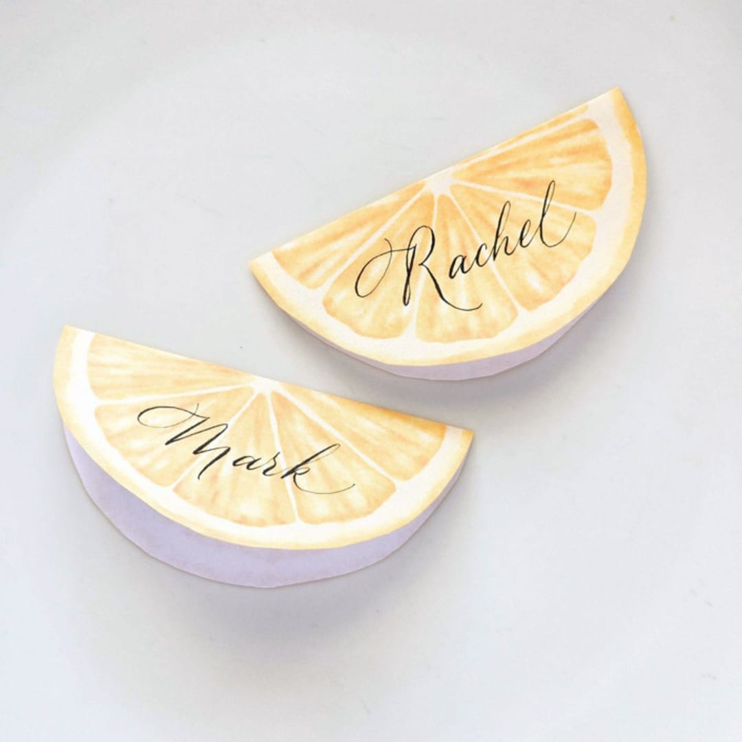 "Watercolor Lemon- Personalized Hand-Calligraphed Watercolor Die-Cut Place Cards- Set of 10" - Party Place Cards in yellow by Inkspiringletters