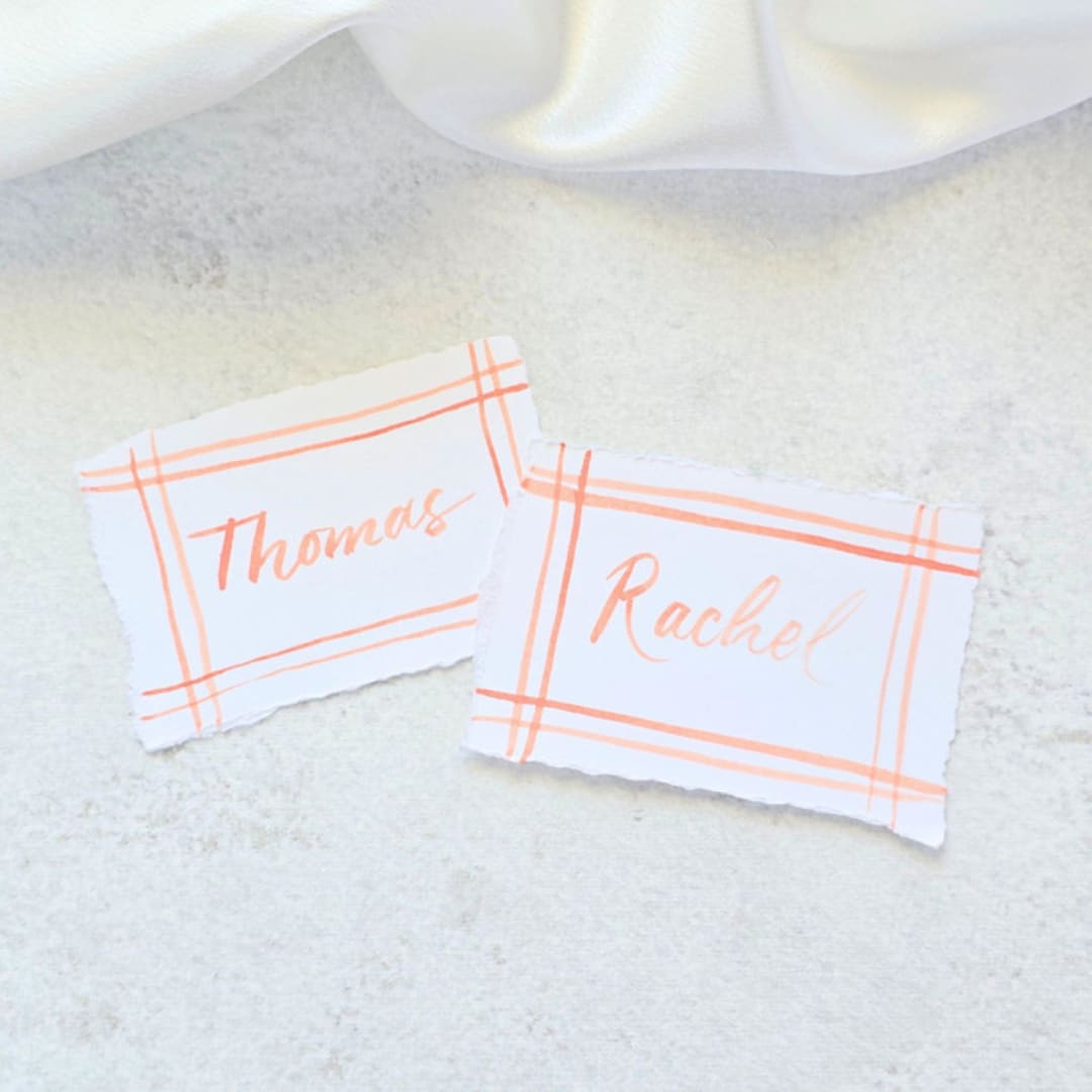 "Watercolor Orange Plaid Place Cards- Personalized with Hand-Lettering- Set of 10" - Party Place Cards in orange by Inkspiringletters