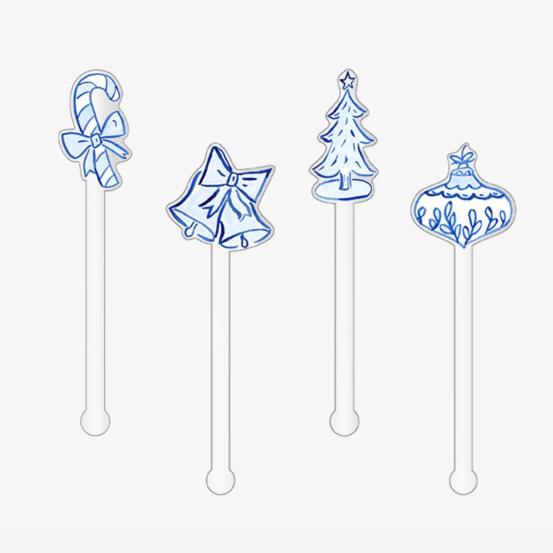 "Blue and White Christmas Acrylic Drink Stir Sticks (Set of 4)" - Party Stir Sticks in clear by Liesel Anne