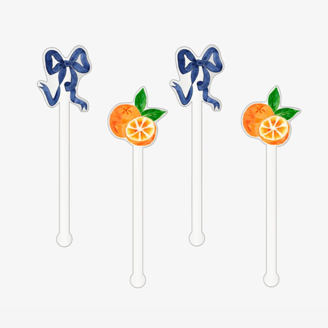 "Orange and Navy Bow Acrylic Drink Stir Sticks (Set of 4)" - Party Stir Sticks in clear by Liesel Anne