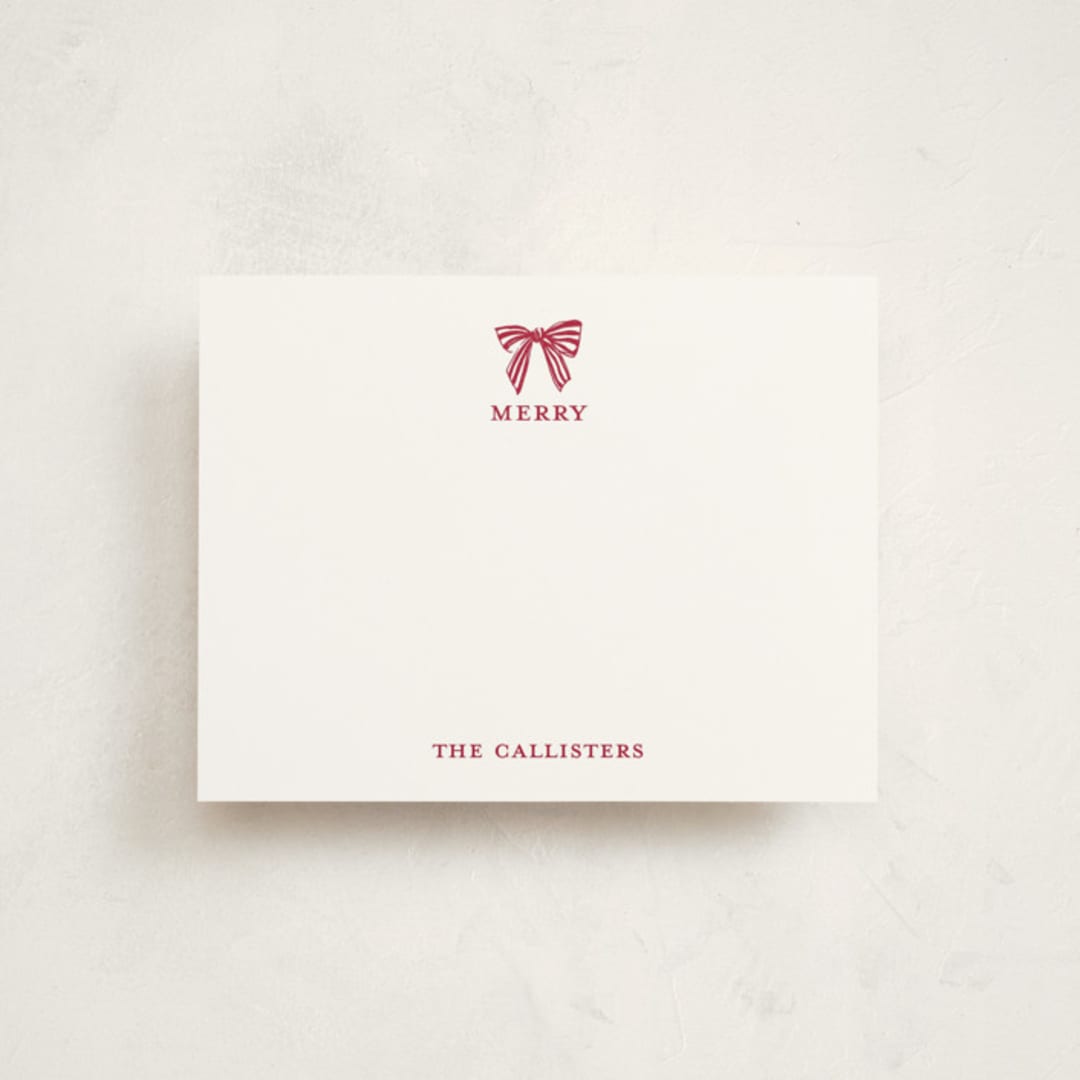 "Stamped with a Bow" - Personalized Stationery Cards in Candy Cane by Mere Paper - Front