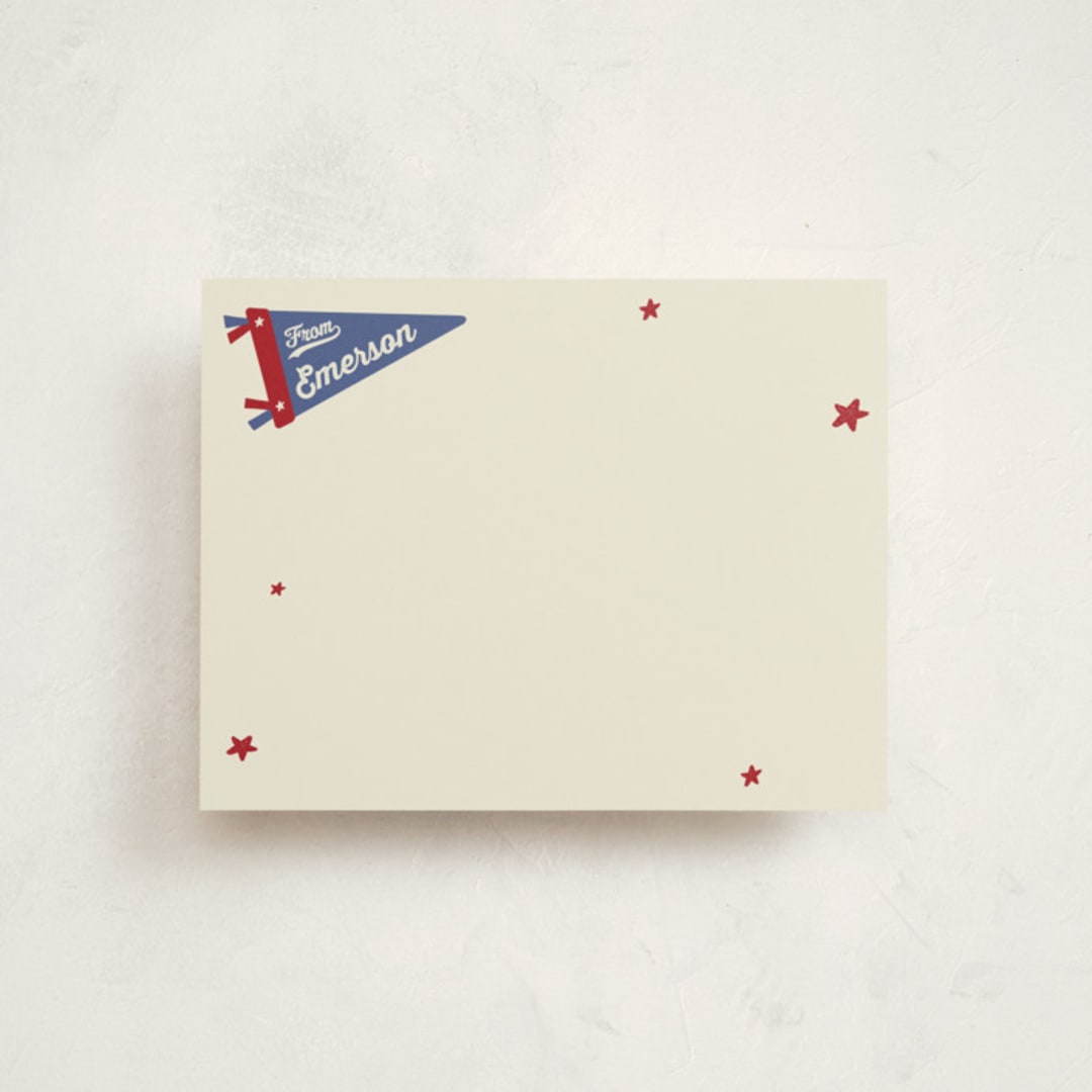 "Sports Pennant" - Personalized Stationery Cards in Americana by Rebecca Dymon - Front