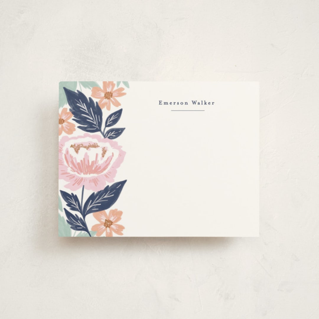 "Peony Floral Vine" - Personalized Stationery Cards in Navy by Alethea and Ruth - Front