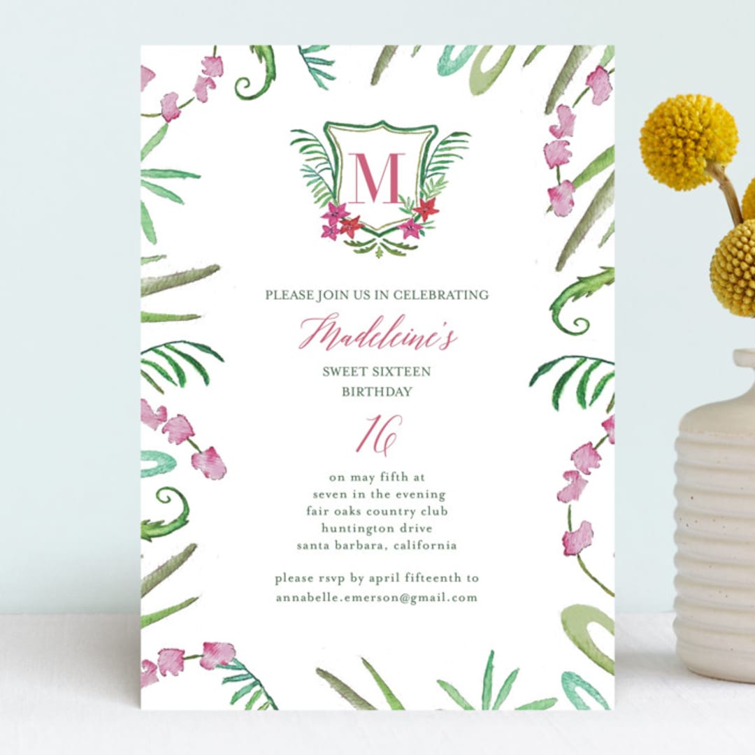 "Tropical Crest" - Sweet Sixteen Party Invitations in Fuschia by Hallie Fischer - Front