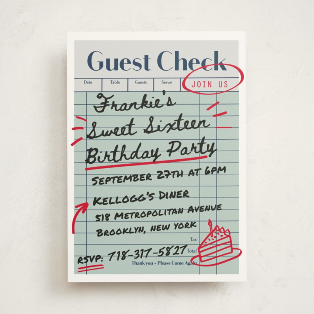 "guest check" - Sweet Sixteen Party Invitations in Mint by Jennifer Lew - Front