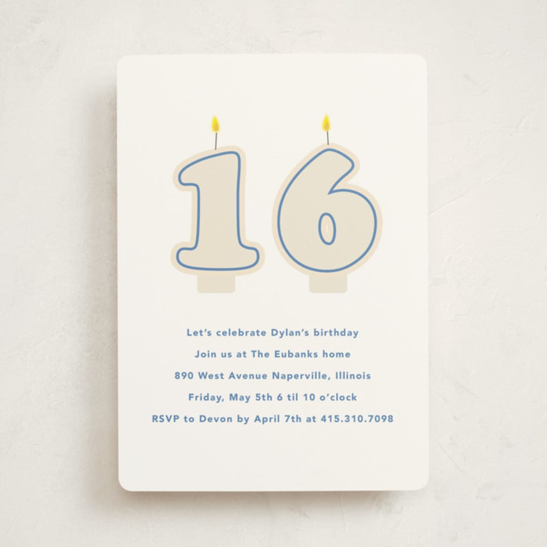 "Retro Sixteen Candles" - Sweet Sixteen Party Invitations in Azure by Baumbirdy - Front