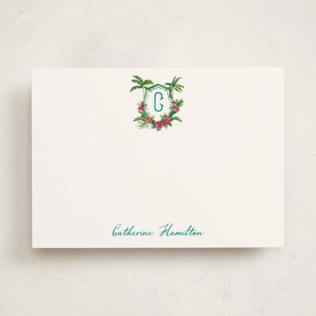 "St. Barts Crest" - Personalized Stationery Cards in Palm by Jenna Holcomb - Front