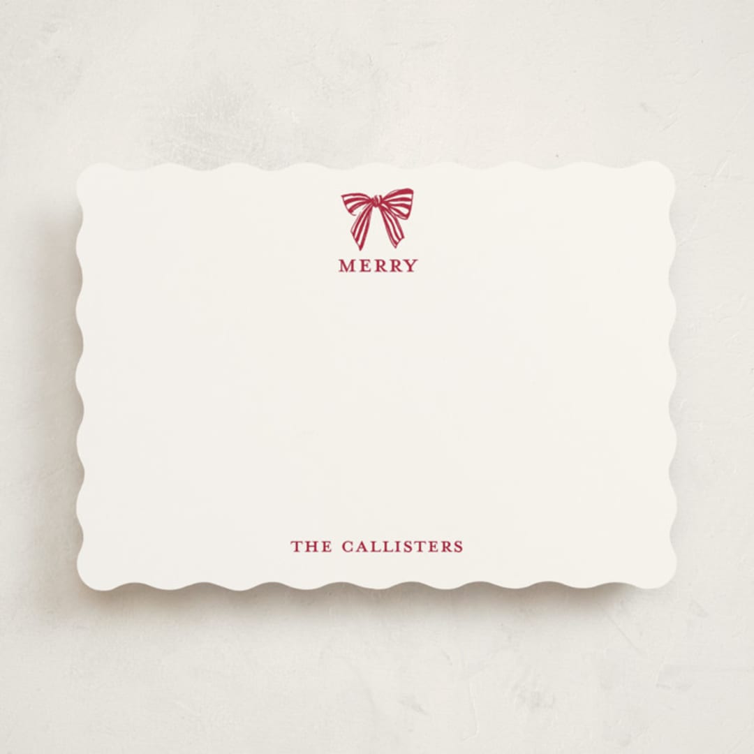 "Stamped with a Bow" - Personalized Stationery Cards in Candy Cane by Mere Paper - Front