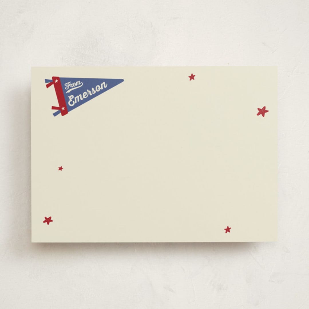 "Sports Pennant" - Personalized Stationery Cards in Americana by Rebecca Dymon - Front