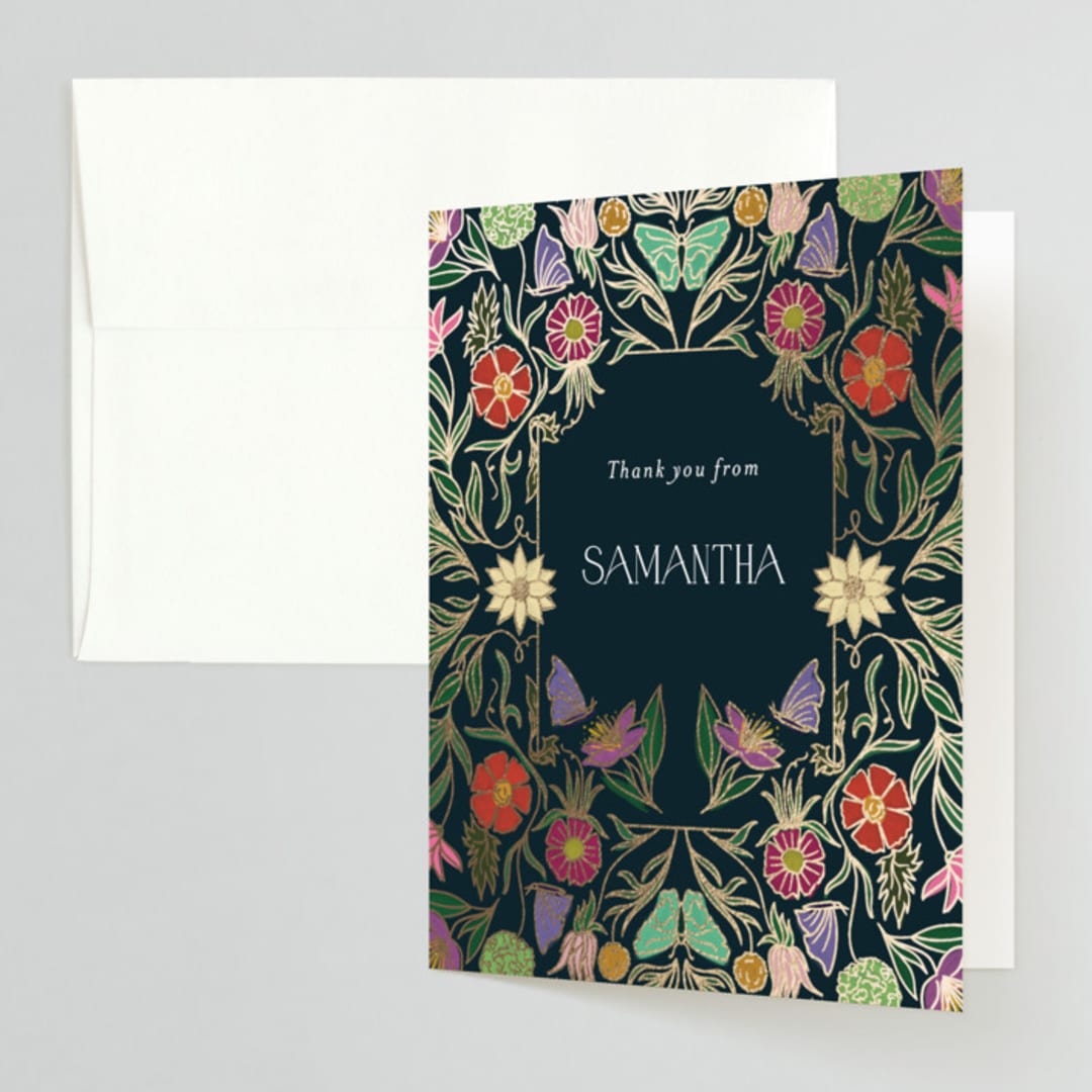 "Gilded Tapestry" - Bridal Shower Thank You Cards in Midnight Garden by Simona Camp - Front